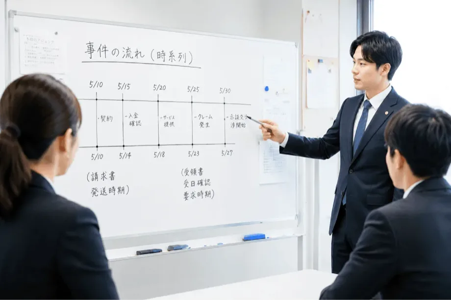 ホワイトボードで事件の流れを説明する弁護士