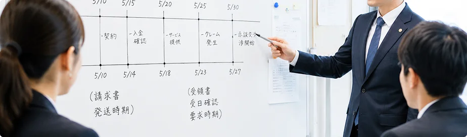 ホワイトボードに書いた事件の時系列を説明する弁護士