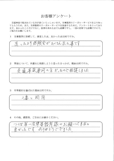 ご依頼者様アンケートの回答用紙（交通事故専門の先生に依頼し、思ったより多くの保険金を受け取れました）