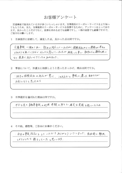 ご依頼者様アンケートの回答用紙（保険会社に治療の打ち切りを迫られ…相談後は連絡もなくなり助かりました）